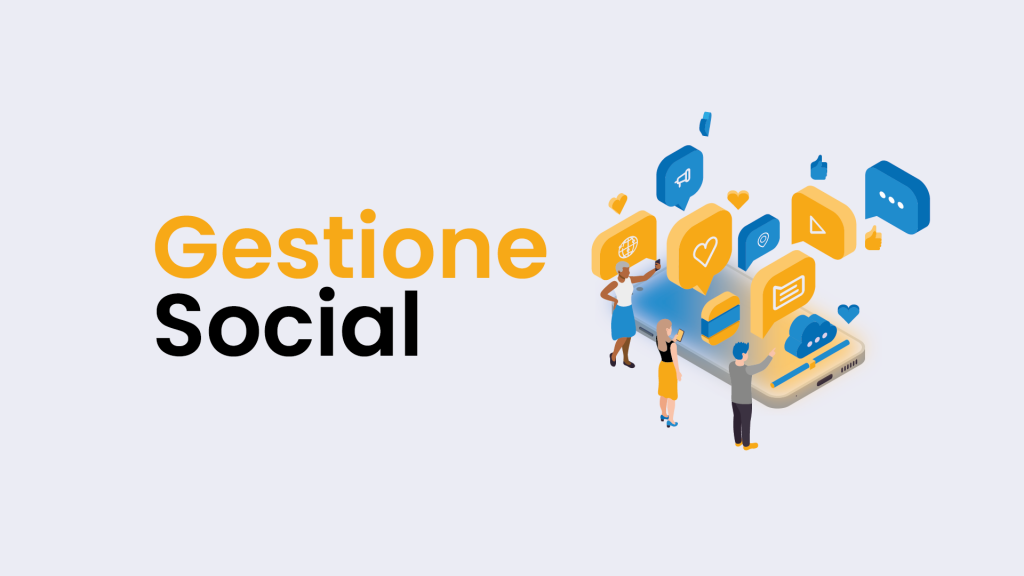 Scritta gestione social con persone che interagiscono