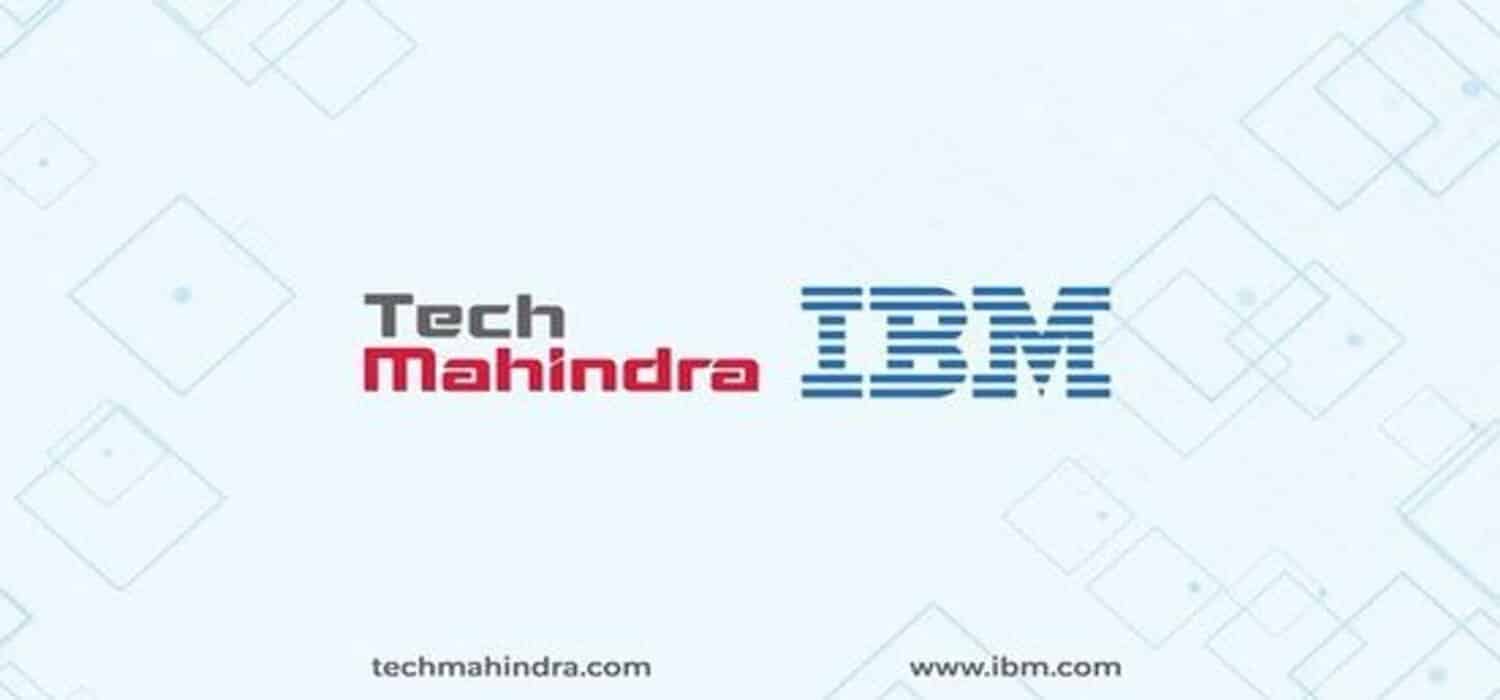 sfondo azzuro quadrati e loghi ibm tech mahindra